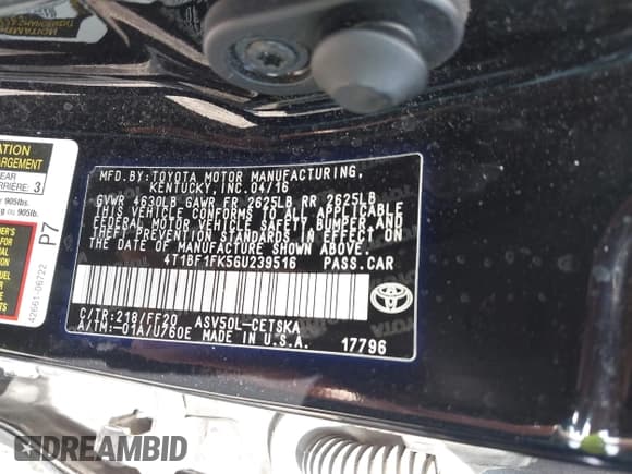 ✅ 2016 Toyota Camry SE • VIN: 4T1BF1FK5GU239516 • Lot: 43313695. Listed on IAAI with 166,693 mi. Free auction sales archive from the USA and detailed vehicle history report at DreamBid. Image 9.