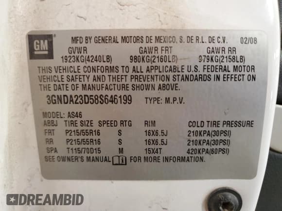 ✅ 2008 Chevrolet HHR LT • VIN: 3GNDA23D58S646199 • Lot: 46653275. Listed on Copart with 116,125 mi. Free auction sales archive from the USA and detailed vehicle history report at DreamBid. Image 15.