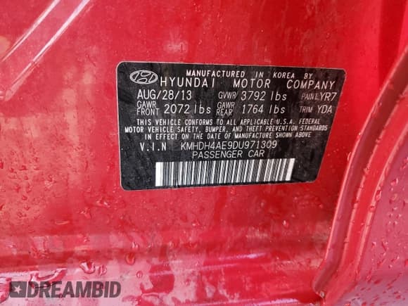 ✅ 2013 Hyundai Elantra Limited • VIN: KMHDH4AE9DU971309 • Lot: 68315925. Listed on Copart with 12,468 mi. Free auction sales archive from the USA and detailed vehicle history report at DreamBid. Image 12.