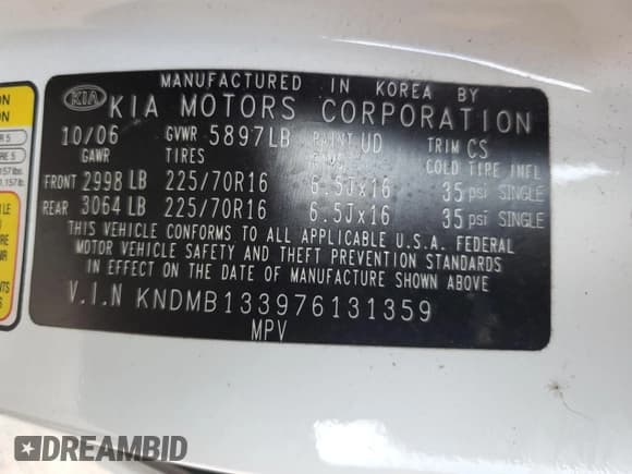 ✅ 2007 Kia Sedona • VIN: KNDMB133976131359 • Лот: 62635075. Опубликован ранее на Copart с пробегом Не указан. Бесплатный доступ к архиву аукционных продаж из США и подробный отчёт об истории автомобиля на DreamBid. Изображение 13.