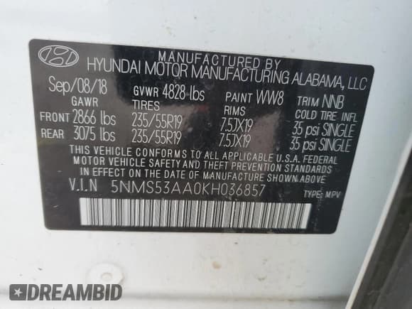 ✅ 2019 Hyundai Santa Fe Limited • VIN: 5NMS53AA0KH036857 • Lot: 82245243. Wystawiony na Copart z przebiegiem 83 069 mil. Bezpłatny archiwum sprzedaży aukcyjnych z USA i szczegółowy raport historii pojazdu na DreamBid. Zdjęcie 14.