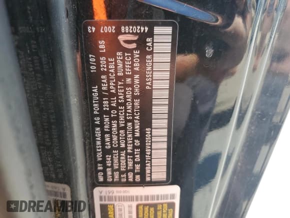 ✅ 2008 Volkswagen Eos Turbo • VIN: WVWBA71F48V025046 • Lot: 66550795. Wystawiony na Copart z przebiegiem 169 051 mil. Bezpłatny archiwum sprzedaży aukcyjnych z USA i szczegółowy raport historii pojazdu na DreamBid. Zdjęcie 12.