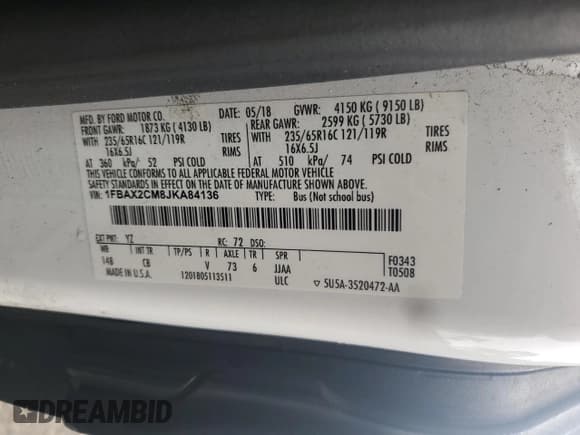 ✅ 2018 Ford Transit Passenger XL • VIN: 1FBAX2CM8JKA84136 • Lot: 56223685. Wystawiony na Copart z przebiegiem 174 469 mil. Bezpłatny archiwum sprzedaży aukcyjnych z USA i szczegółowy raport historii pojazdu na DreamBid. Zdjęcie 13.