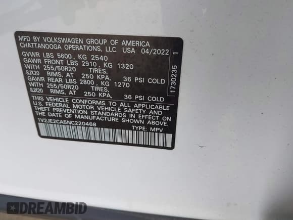 ✅ 2022 Volkswagen Atlas SE • VIN: 1V2JE2CA5NC220468 • Lot: 40873030. Wystawiony na IAAI z przebiegiem 78 867 mil. Bezpłatny archiwum sprzedaży aukcyjnych z USA i szczegółowy raport historii pojazdu na DreamBid. Zdjęcie 9.