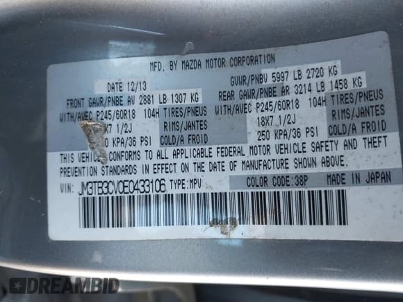 ✅ 2014 Mazda CX-9 Touring • VIN: JM3TB3CV0E0433106 • Лот: 43624568. Опубликован ранее на IAAI с пробегом 40 573 миль. Бесплатный доступ к архиву аукционных продаж из США и подробный отчёт об истории автомобиля на DreamBid. Изображение 9.