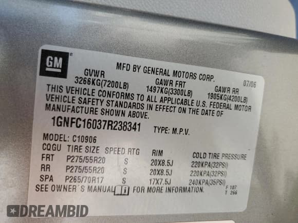 ✅ 2007 Chevrolet Suburban LTZ • VIN: 1GNFC16037R238341 • Lot: 50886515. Listed on Copart with Not provided. Free auction sales archive from the USA and detailed vehicle history report at DreamBid. Image 13.