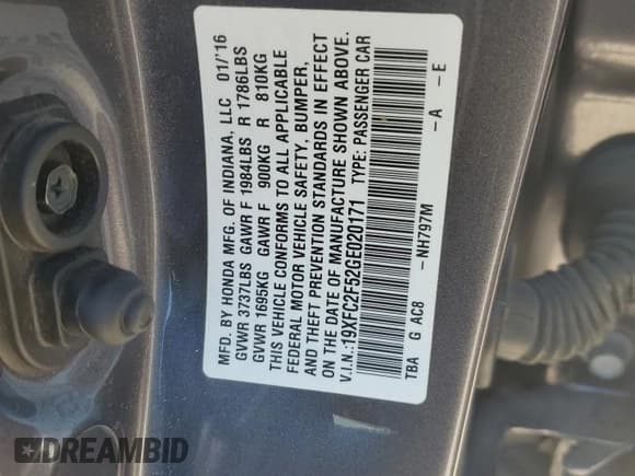 ✅ 2016 Honda Civic LX • VIN: 19XFC2F52GE020171 • Лот: 72046965. Опубликован ранее на Copart с пробегом 109 883 миль. Бесплатный доступ к архиву аукционных продаж из США и подробный отчёт об истории автомобиля на DreamBid. Изображение 12.