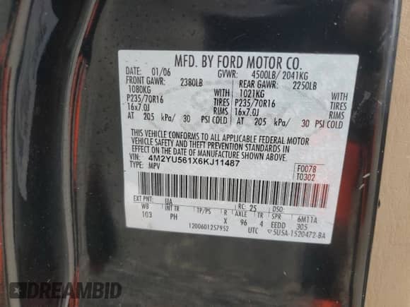 2006 Mercury Mariner Luxury с VIN 4M2YU561X6KJ11487, выставлен на аукционе Copart как лот 42571955 с пробегом 184 935 миль миль и Списание • Salvage title. История ставок и продаж доступна на DreamBid. Изображение 14.