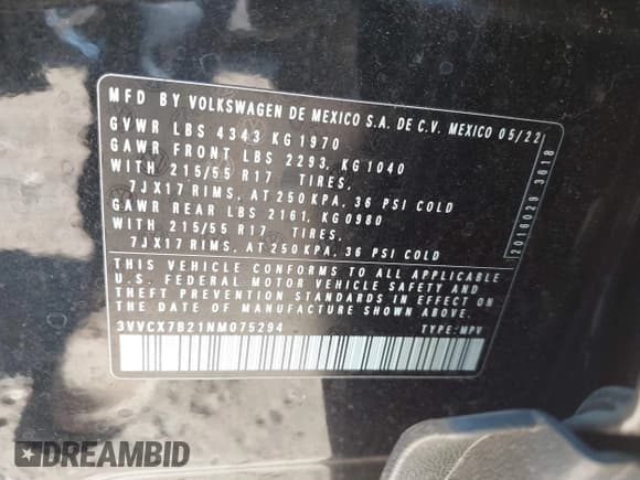 ✅ 2022 Volkswagen Taos S • VIN: 3VVCX7B21NM075294 • Лот: 43368216. Опубликован ранее на IAAI с пробегом 61 850 миль. Бесплатный доступ к архиву аукционных продаж из США и подробный отчёт об истории автомобиля на DreamBid. Изображение 9.