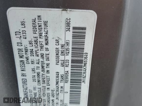 ✅ 2007 Nissan 350Z Touring • VIN: JN1BZ36AX7M653649 • Lot: 58213015. Listed on Copart with 96,432 mi. Free auction sales archive from the USA and detailed vehicle history report at DreamBid. Image 13.