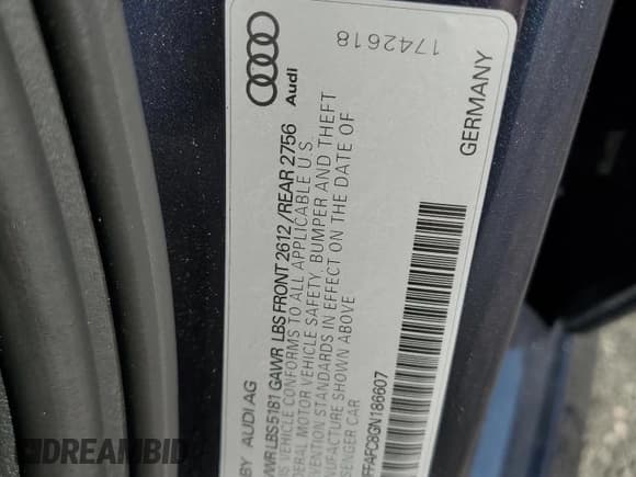 ✅ 2016 Audi A6 Premium • VIN: WAUFFAFC8GN186607 • Lot: 69289675. Listed on Copart with 95,022 mi. Free auction sales archive from the USA and detailed vehicle history report at DreamBid. Image 12.