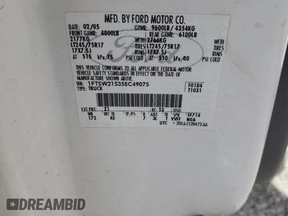 ✅ 2005 Ford F-250 XL • VIN: 1FTSW21535EC49075 • Лот: 49804265. Опубликован ранее на Copart с пробегом 31 506 миль. Бесплатный доступ к архиву аукционных продаж из США и подробный отчёт об истории автомобиля на DreamBid. Изображение 12.