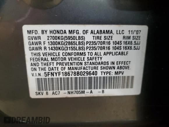 ✅ 2008 Honda Pilot EX-L • VIN: 5FNYF18678B029640 • Лот: 62308205. Опубликован ранее на Copart с пробегом 264 559 миль. Бесплатный доступ к архиву аукционных продаж из США и подробный отчёт об истории автомобиля на DreamBid. Изображение 13.