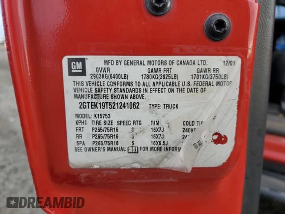 ✅ 2002 GMC Sierra 1500 SLE • VIN: 2GTEK19T521241062 • Lot: 82465625. Listed on Copart with 212,956 mi. Free auction sales archive from the USA and detailed vehicle history report at DreamBid. Image 12.