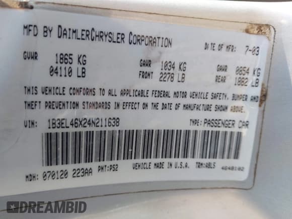 ✅ 2004 Dodge Stratus SXT • VIN: 1B3EL46X24N211638 • Lot: 43637188. Wystawiony na IAAI z przebiegiem 137 069 mil. Bezpłatny archiwum sprzedaży aukcyjnych z USA i szczegółowy raport historii pojazdu na DreamBid. Zdjęcie 9.