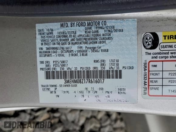 ✅ 2007 Mercury Milan Premier • VIN: 3MEHM08Z17R616017 • Lot: 93390135. Listed on Copart with 91,056 mi. Free auction sales archive from the USA and detailed vehicle history report at DreamBid. Image 12.