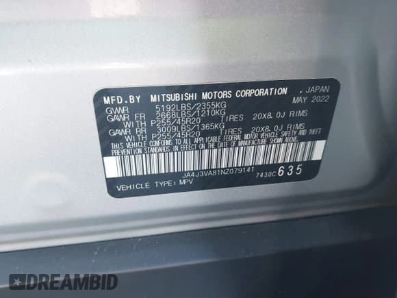 ✅ 2022 Mitsubishi Outlander SEL • VIN: JA4J3VA81NZ079141 • Lot: 43730125. Listed on IAAI with 47,085 mi. Free auction sales archive from the USA and detailed vehicle history report at DreamBid. Image 9.