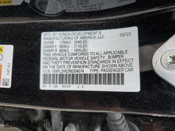 ✅ 2024 Honda Civic Sport • VIN: 19XFL2H82RE004014 • Lot: 66537794. Listed on Copart with Not provided. Free auction sales archive from the USA and detailed vehicle history report at DreamBid. Image 12.