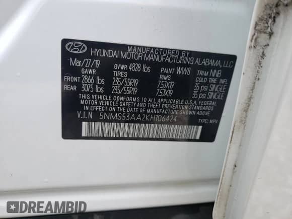 2019 Hyundai Santa Fe Limited z VIN 5NMS53AA2KH106424, wystawiony jako Copart lot #72444332 z przebiegiem 28 530 mil mil oraz . Historia ofert i sprzedaży dostępna na DreamBid. Obrazek 13.