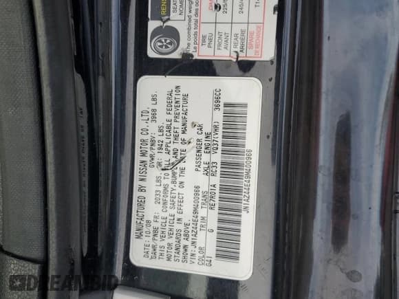 ✅ 2009 Nissan 370Z Touring • VIN: JN1AZ44E49M400966 • Lot: 84711895. Listed on Copart with 100,508 mi. Free auction sales archive from the USA and detailed vehicle history report at DreamBid. Image 12.