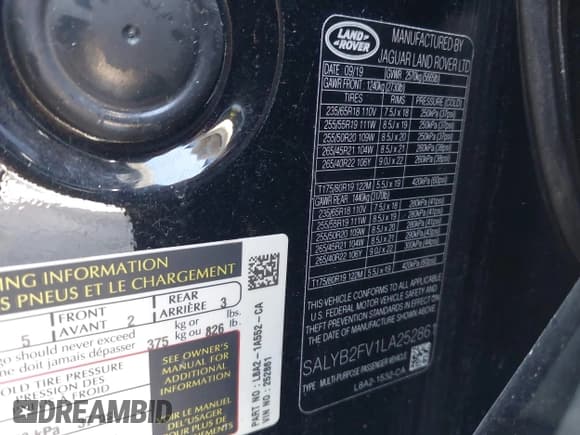 ✅ 2020 Land Rover Range Rover Velar S • VIN: SALYB2FV1LA252861 • Lot: 30038476. Listed on IAAI with 16,618 mi. Free auction sales archive from the USA and detailed vehicle history report at DreamBid. Image 9.