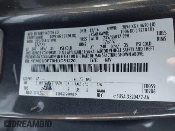 ✅ 2017 Ford Escape S • VIN: 1FMCU0F79HUC51220 • Lot: 43870711. Listed on IAAI with 197,159 mi. Free auction sales archive from the USA and detailed vehicle history report at DreamBid. Image 9.