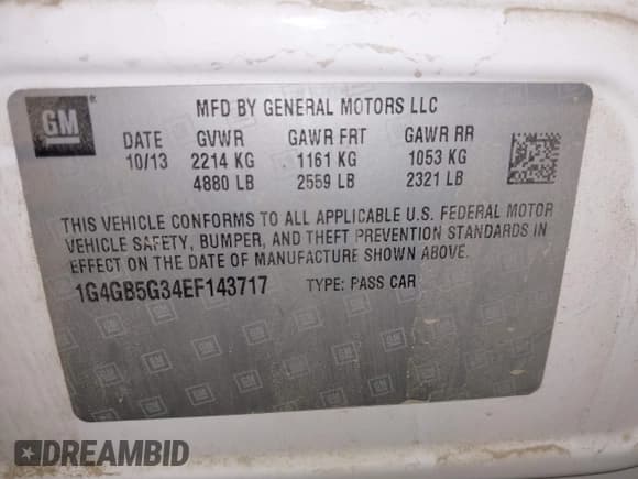 ✅ 2014 Buick LaCrosse Leather • VIN: 1G4GB5G34EF143717 • Lot: 42574011. Listed on IAAI with 165,978 mi. Free auction sales archive from the USA and detailed vehicle history report at DreamBid. Image 9.