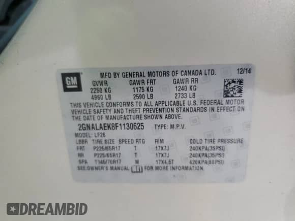 2015 Chevrolet Equinox LS with VIN 2GNALAEK8F1130625, listed as a Copart auction lot 85138055 with 121,632 mi miles and Salvage title. Bid and sale history available at DreamBid. Image 12.