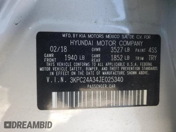 ✅ 2018 Hyundai Accent SE • VIN: 3KPC24A34JE025340 • Лот: 88134635. Опубликован ранее на Copart с пробегом 58 469 миль. Бесплатный доступ к архиву аукционных продаж из США и подробный отчёт об истории автомобиля на DreamBid. Изображение 12.