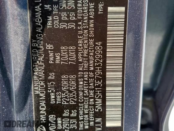 ✅ 2009 Hyundai Santa Fe SE • VIN: 5NMSH13E79H329984 • Lot: 60448555. Listed on Copart with 190,273 mi. Free auction sales archive from the USA and detailed vehicle history report at DreamBid. Image 12.