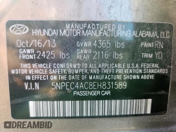 ✅ 2014 Hyundai Sonata Limited • VIN: 5NPEC4AC8EH831589 • Лот: 92251265. Опубликован ранее на Copart с пробегом Не указан. Бесплатный доступ к архиву аукционных продаж из США и подробный отчёт об истории автомобиля на DreamBid. Изображение 12.