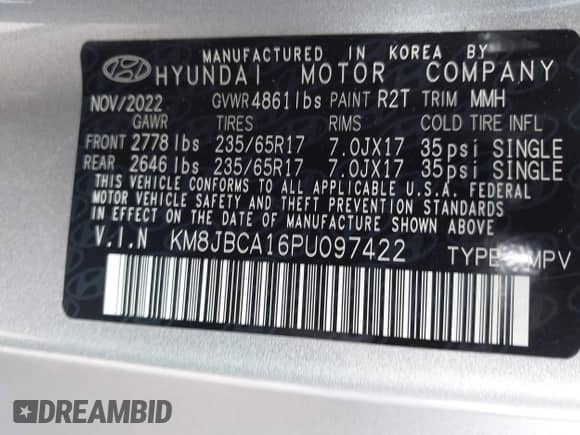 2023 Hyundai Tucson Blue z VIN KM8JBCA16PU097422, wystawiony jako IAAI lot #42138545 z przebiegiem 14 826 mil mil oraz . Historia ofert i sprzedaży dostępna na DreamBid. Obrazek 9.