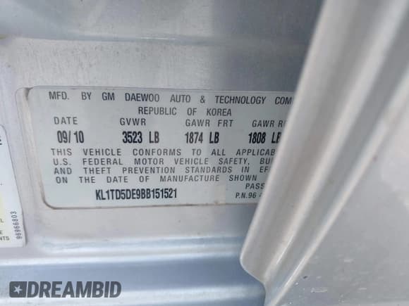 ✅ 2011 Chevrolet Aveo 1LT • VIN: KL1TD5DE9BB151521 • Лот: 42232118. Опубликован ранее на IAAI с пробегом 159 031 миль. Бесплатный доступ к архиву аукционных продаж из США и подробный отчёт об истории автомобиля на DreamBid. Изображение 9.