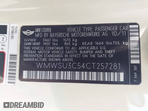 2012 MINI Hardtop с VIN WMWSU3C54CT257281, выставлен на аукционе IAAI как лот 42860844 с пробегом 74 393 миль миль и . История ставок и продаж доступна на DreamBid. Изображение 9.