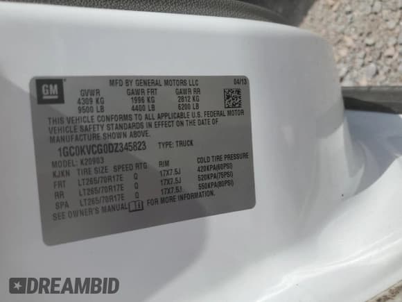 ✅ 2013 Chevrolet Silverado 2500HD Work Truck • VIN: 1GC0KVCG0DZ345823 • Lot: 60480945. Listed on Copart with Not provided. Free auction sales archive from the USA and detailed vehicle history report at DreamBid. Image 12.