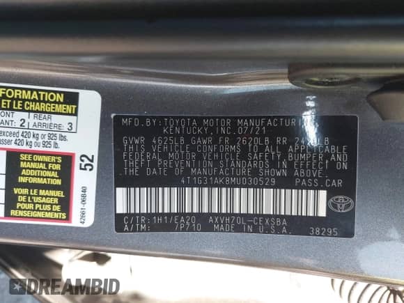 2021 Toyota Camry Hybrid SE с VIN 4T1G31AK8MU030529, выставлен на аукционе IAAI как лот 42951402 с пробегом 155 788 миль миль и . История ставок и продаж доступна на DreamBid. Изображение 9.