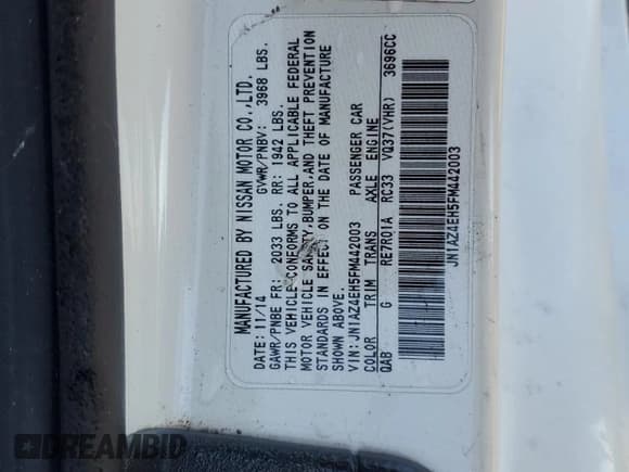 ✅ 2015 Nissan 370Z • VIN: JN1AZ4EH5FM442003 • Lot: 93617725. Listed on Copart with Not provided. Free auction sales archive from the USA and detailed vehicle history report at DreamBid. Image 13.