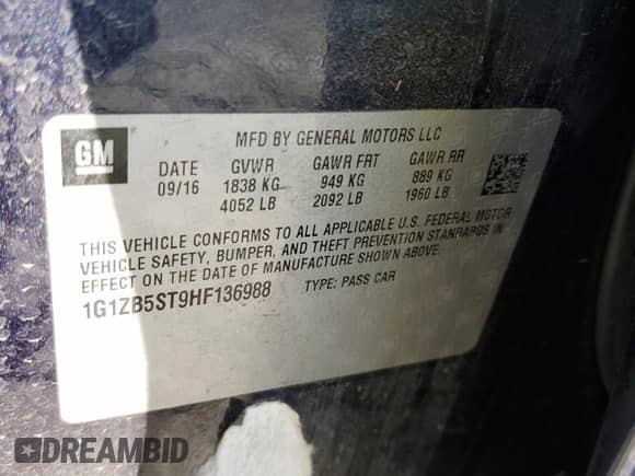 2017 Chevrolet Malibu LS с VIN 1G1ZB5ST9HF136988, выставлен на аукционе Copart как лот 86812275 с пробегом 91 466 миль миль и Списание • Salvage title. История ставок и продаж доступна на DreamBid. Изображение 12.