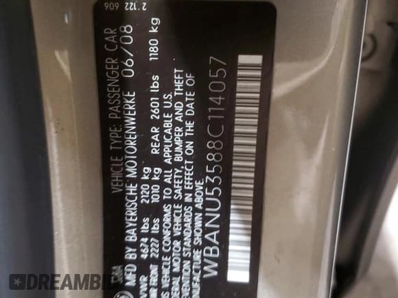 ✅ 2008 BMW 5 Series 528i • VIN: WBANU53588C114057 • Lot: 91012345. Listed on Copart with 161,596 mi. Free auction sales archive from the USA and detailed vehicle history report at DreamBid. Image 12.