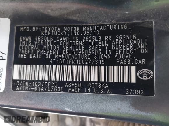 ✅ 2013 Toyota Camry SE • VIN: 4T1BF1FK1DU277319 • Lot: 40971020. Wystawiony na IAAI z przebiegiem 92 934 mil. Bezpłatny archiwum sprzedaży aukcyjnych z USA i szczegółowy raport historii pojazdu na DreamBid. Zdjęcie 9.