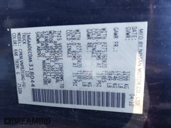 ✅ 2010 Nissan Titan SE • VIN: 1N6AA0EC0AN318044 • Lot: 42786276. Listed on IAAI with 157,539 mi. Free auction sales archive from the USA and detailed vehicle history report at DreamBid. Image 9.