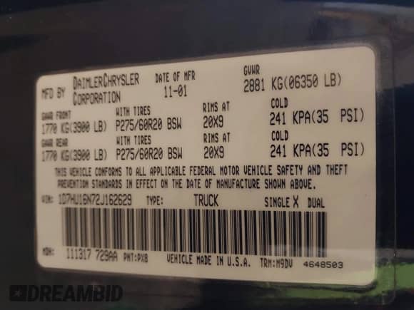 2002 Dodge 1500 z VIN 1D7HU16N72J162629, wystawiony jako IAAI lot #43555857 z przebiegiem 204 083 mil mil oraz . Historia ofert i sprzedaży dostępna na DreamBid. Obrazek 9.