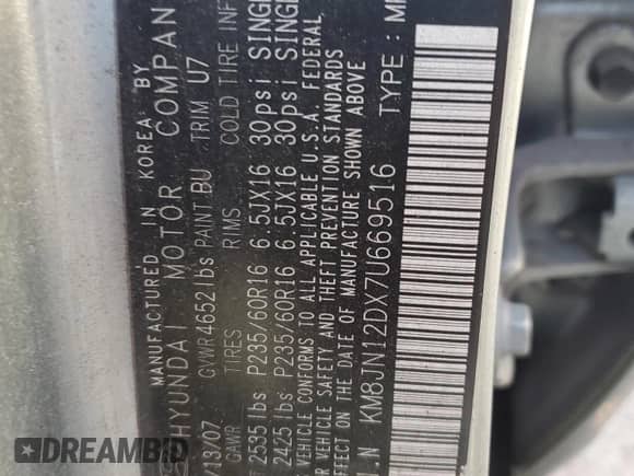 2007 Hyundai Tucson SE с VIN KM8JN12DX7U669516, выставлен на аукционе Copart как лот 75064014 с пробегом 60 360 миль миль и Списание • Salvage title. История ставок и продаж доступна на DreamBid. Изображение 13.