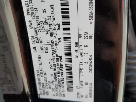 ✅ 2020 Ford F-150 XL • VIN: 1FTEW1EPXLFB81285 • Лот: 71875855. Опубликован ранее на Copart с пробегом 62 740 миль. Бесплатный доступ к архиву аукционных продаж из США и подробный отчёт об истории автомобиля на DreamBid. Изображение 12.