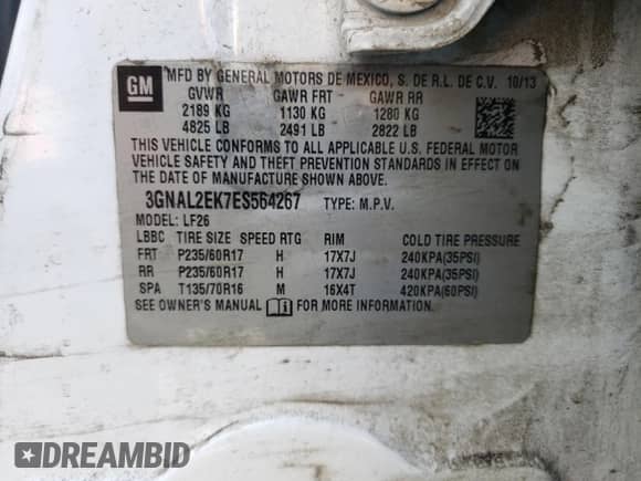 2014 Chevrolet Captiva Sport LS with VIN 3GNAL2EK7ES564267, listed as a Copart auction lot 68821054 with 76,529 mi miles and Clean title. Bid and sale history available at DreamBid. Image 14.