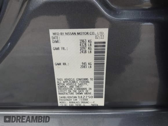 ✅ 2022 Nissan Altima SV • VIN: 1N4BL4DV1NN342750 • Lot: 43435729. Wystawiony na IAAI z przebiegiem 49 681 mil. Bezpłatny archiwum sprzedaży aukcyjnych z USA i szczegółowy raport historii pojazdu na DreamBid. Zdjęcie 9.