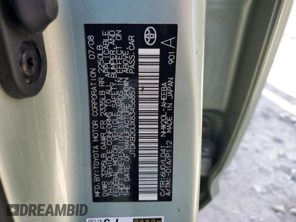 ✅ 2008 Toyota Prius • VIN: JTDKB20UX83456857 • Lot: 84906185. Listed on Copart with Not provided. Free auction sales archive from the USA and detailed vehicle history report at DreamBid. Image 12.