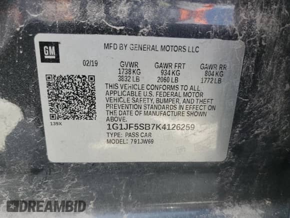 2019 Chevrolet Sonic Premier с VIN 1G1JF5SB7K4126259, выставлен на аукционе Copart как лот 67292374 с пробегом 94 245 миль миль и Списание • Salvage title. История ставок и продаж доступна на DreamBid. Изображение 13.