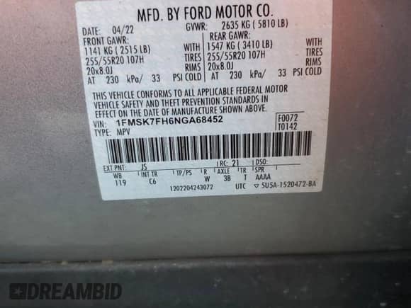 2022 Ford Explorer Limited with VIN 1FMSK7FH6NGA68452, listed as a Copart auction lot 83922215 with 54,805 mi miles and Salvage title. Bid and sale history available at DreamBid. Image 14.