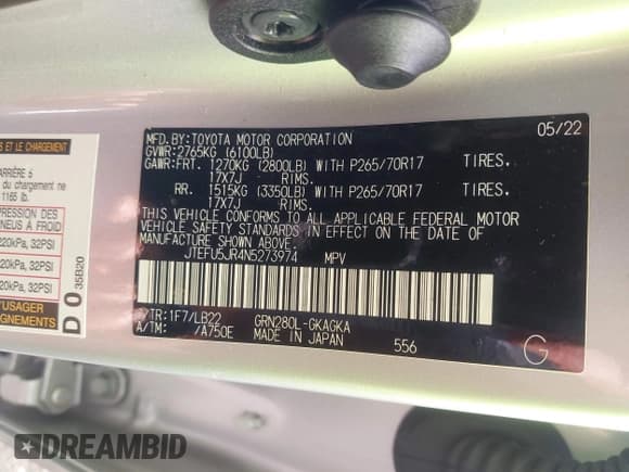 ✅ 2022 Toyota 4Runner SR5 Premium • VIN: JTEFU5JR4N5273974 • Lot: 42436307. Listed on IAAI with 42,281 mi. Free auction sales archive from the USA and detailed vehicle history report at DreamBid. Image 9.